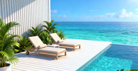 3D rendering of a beautiful beach with a swimming pool and deck chairsの素材