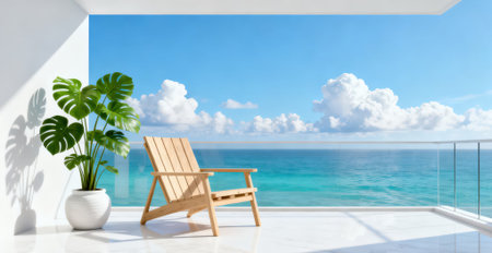 Wooden chair on terrace with sea view. 3d renderingの素材