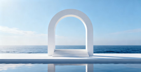 White arch on the edge of a swimming pool. 3d renderingの素材