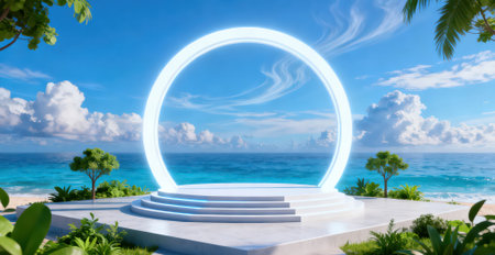 3d render of a podium with a neon arch on the beachの素材