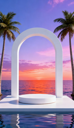 3d render of podium and palm tree on beautiful sunset background.の素材