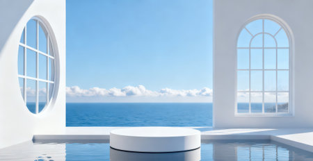 White podium on the background of the sea and sky. 3d renderingの素材