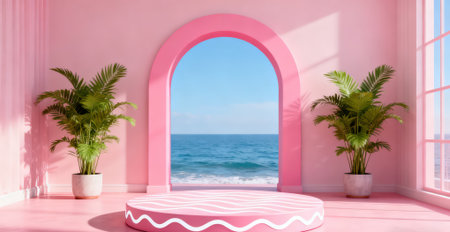 3D rendering of a pink stage in a room with a sea viewの素材