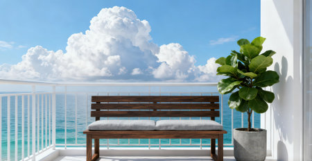 Wooden bench in a terrace overlooking the sea. 3d renderingの素材