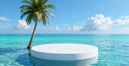 3D render of a white round podium on a tropical beach with palm treesの素材