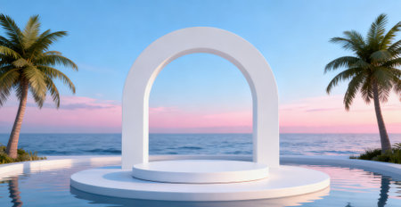3d render of white round podium with palm trees and sea backgroundの素材