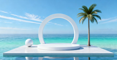 3d render of white podium on the sea and palm tree.の素材