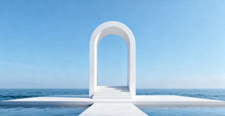 White arch in the sea with blue sky background, 3d renderingの素材