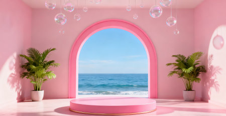 3D rendering of a pink podium against the background of the seaの素材