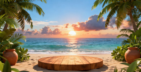 Empty wooden table top on tropical beach background. For product display montageの素材