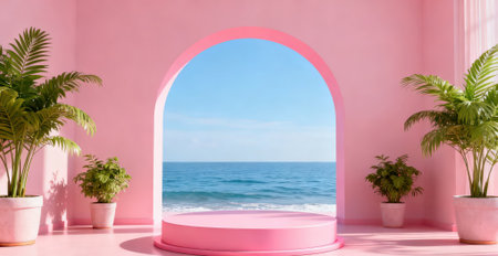 pink podium on the beach, 3d render, summer backgroundの素材