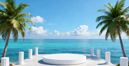 White round podium on a tropical beach. 3D Rendering.の素材