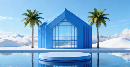 Podium with blue house and palm trees. 3D rendering.の素材