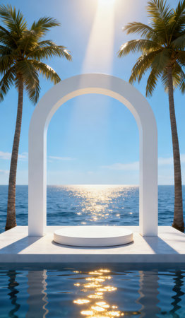 3d render of white podium with palm tree and sea background.の素材