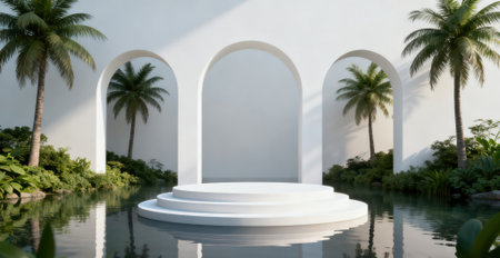 3d rendering of white marble podium with palm trees in the backgroundの素材