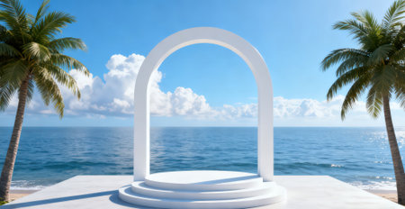3d render of a white arch with palm trees and sea backgroundの素材