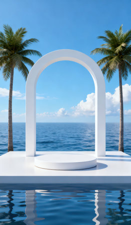 White round podium on the background of the sea and palm trees. 3d renderingの素材