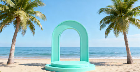 3d rendering of a turquoise podium on a tropical beachの素材
