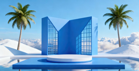 3d render, abstract minimal scene with square podium, palm trees and blue skyの素材