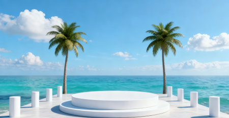 3d render of white round podium on the beach and palm treesの素材