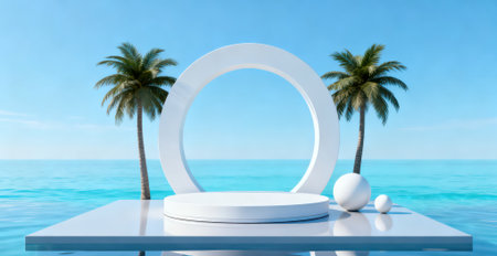 3d render of white podium on the beach with palm trees and sea backgroundの素材