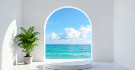 White round podium on the background of the sea and sky. 3d renderingの素材