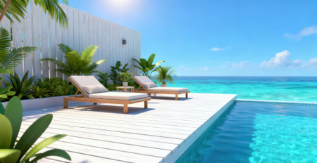 Swimming pool and deck chair on the beach. 3d renderingの素材
