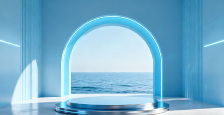 3d render of blue podium with blue arch and sea on backgroundの素材