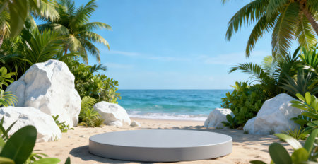 3d render of white podium on the beach with palm trees and sea backgroundの素材