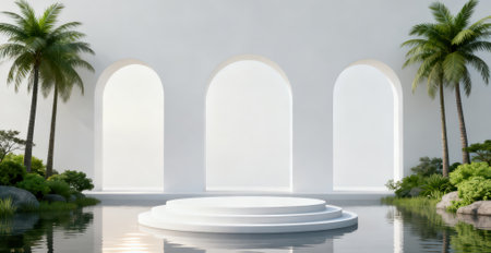 3D render of a white podium with palm trees and archesの素材