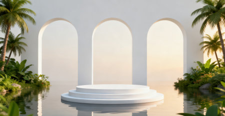 3d render of white podium with arch and palm trees in the backgroundの素材