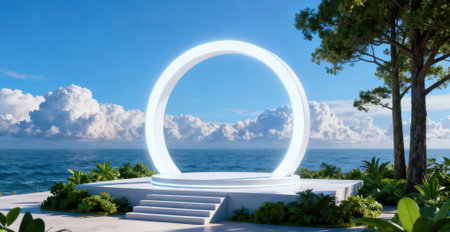Wedding arch and sea view. 3d render. Luxury wedding arch.の素材