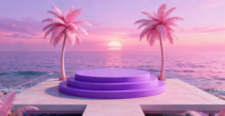 3d render of purple podium with palm trees and sea background.の素材