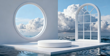3D rendering of white podium on the background of the sea and skyの素材
