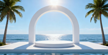 3d rendering of white podium on the beach and sea background.の素材