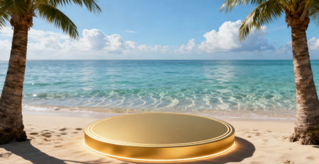 3d render of golden podium on sandy beach with palm trees and sea in backgroundの素材