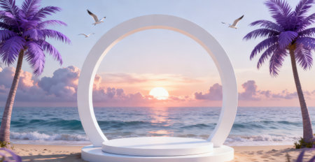 3d render of round podium with palm tree and sea background.の素材
