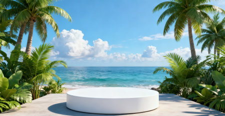 3d render of white round podium on tropical beach with palm trees and sea backgroundの素材