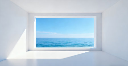 White room with sea view and blue sky. 3D Renderingの素材
