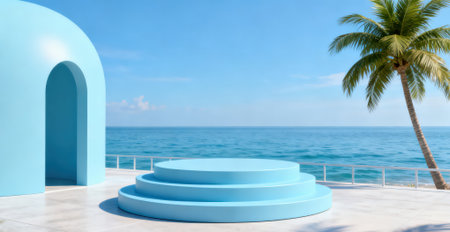 Blue round podium on the beach with palm trees and sea view. 3d renderingの素材