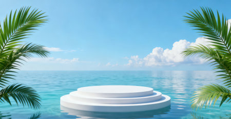 White podium with palm leaves in the sea. 3d render.の素材