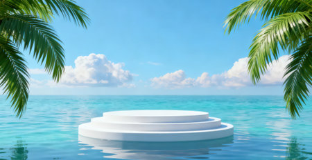 3D render of a white podium in the sea with palm trees and blue skyの素材