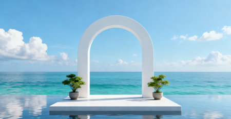 3d rendering of a white arch over the sea and sky backgroundの素材