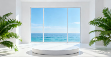 3D rendering of a white podium in a white room with sea viewの素材