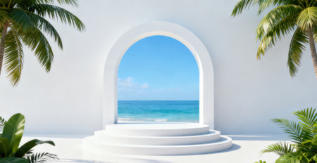 3D rendering of a white stairway leading to the beach.の素材