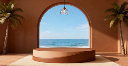 3D rendering of a round podium with a view of the seaの素材