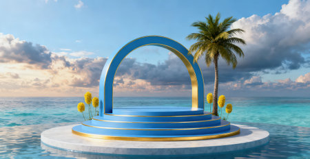3d render of blue podium with palm and flowers on the beachの素材