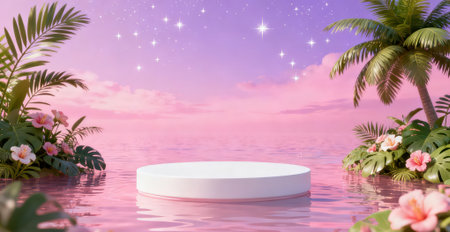 3d render of white round podium on the sea with palm trees and starry sky backgroundの素材