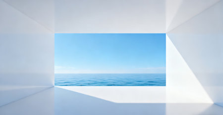 Empty room with sea view and blue sky. 3d rendering.の素材