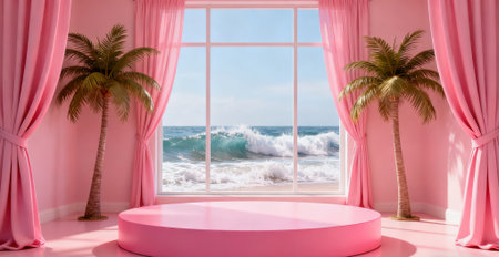 pink podium with palm tree and sea view - 3d renderingの素材
